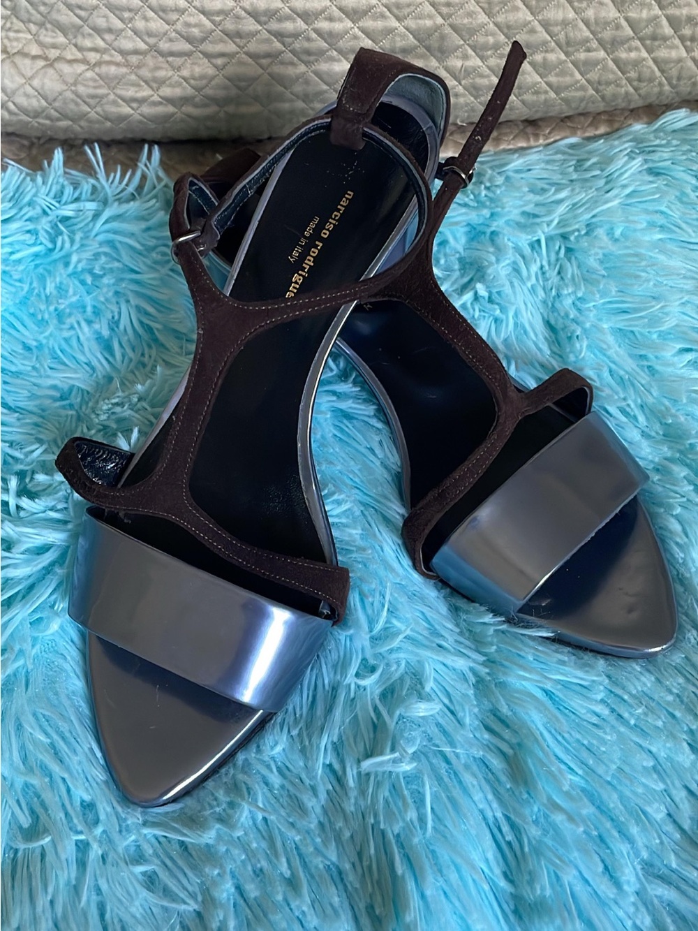 Narciso Rodriguez Brown Suede and Gray Patent T-Strap Heels